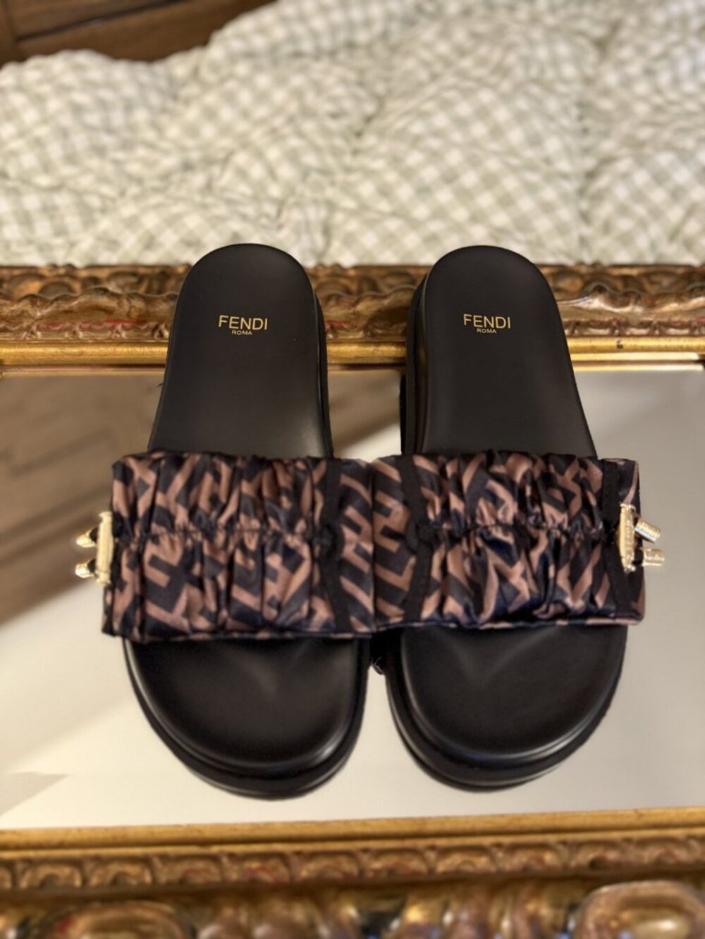 Fendi Feel FF Satin Drawstring Slides Brown Size 9